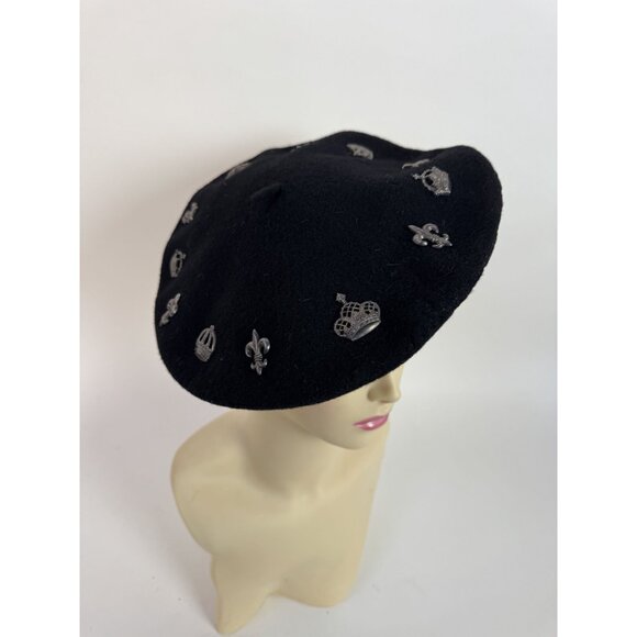 Neiman Marcus Black Wool Beret With Crown & Fleur-De-Lis Pins Made In UK main image 9